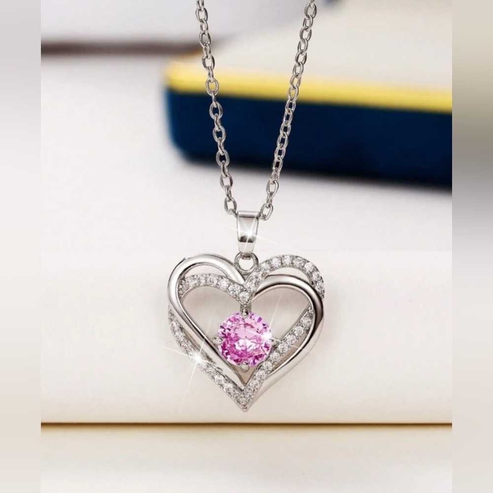 🌹 Cubic Zirconia Silver tone Heart Necklace with Pink Stone